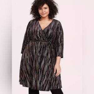 Torrid Black Velvet and Multi Color Stripe Wrap Dress